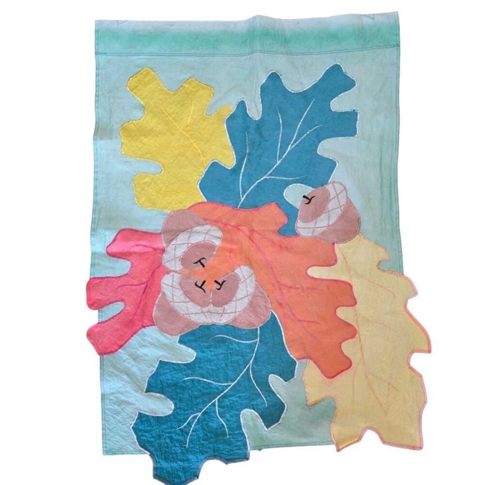 Vintage Flag With Embroidered Acorns & Multicolor Leaves Design Double-Sided Fad